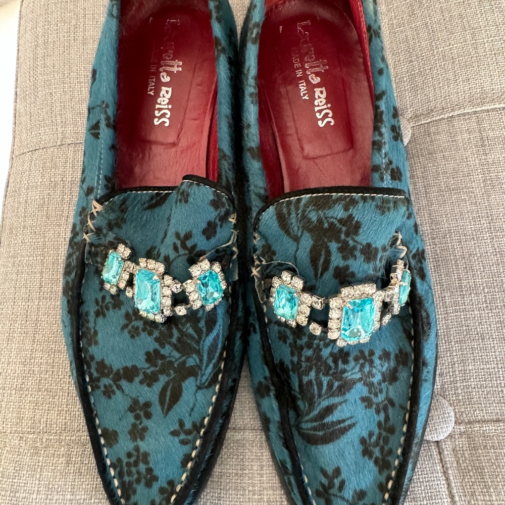 Lauretta Reiss Turquoise Pony Hair Loafers.